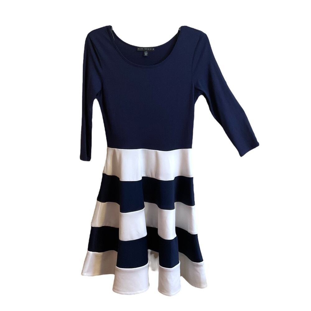 City Studios Dress Juniors Size S Navy Blue White Striped Skater Cocktail Dress‎ - Picture 2 of 10